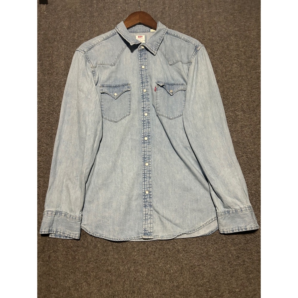 Levis denim pearl snap shirt mens blue Large western cowboy long sleeve standard